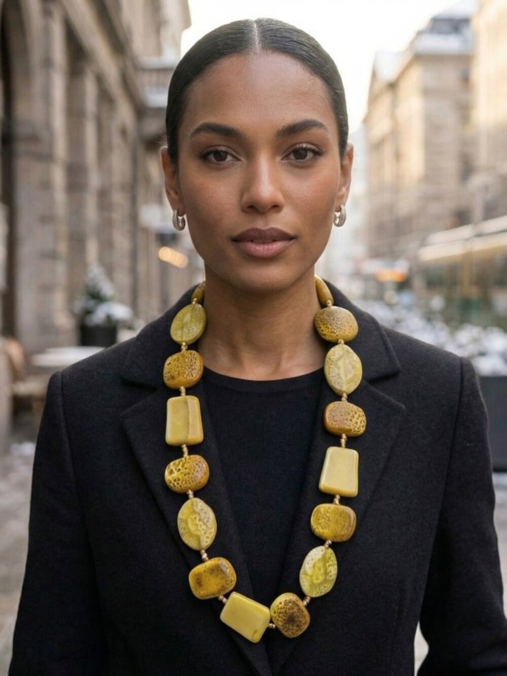 Tan & Yellow Chunky Stone & Wood Bead Necklace - Adjustable Ribbon - Boho - NEW